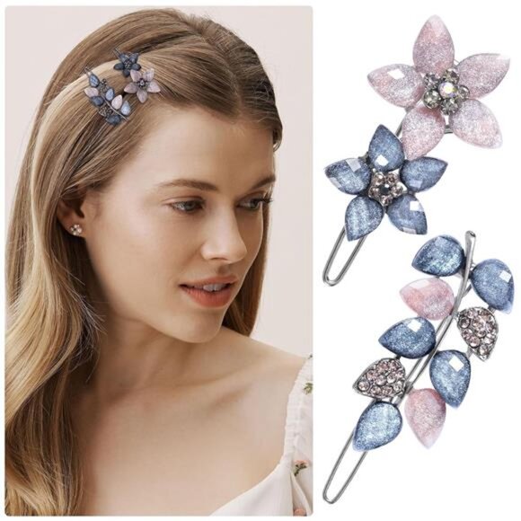 2Pcs 2inch Vintage Rhinestone Hair Barrettes Pink Gray Small Flower Clips - Picture 6 of 6